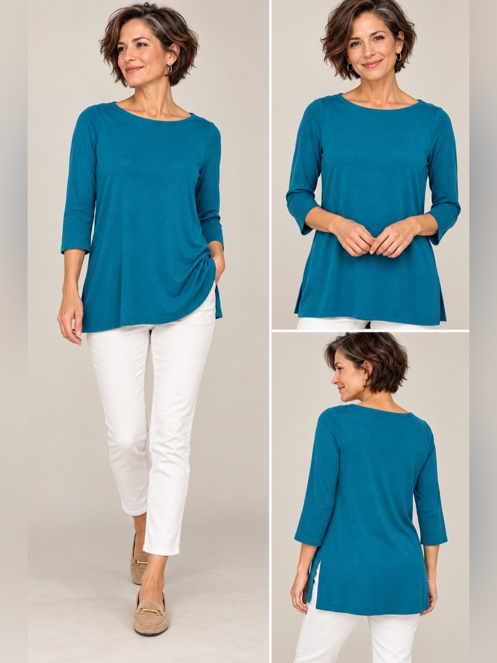 Eileen Fisher XS Teal Tencel Lyocell Stretch Tunic Top 3/4 Sleeve